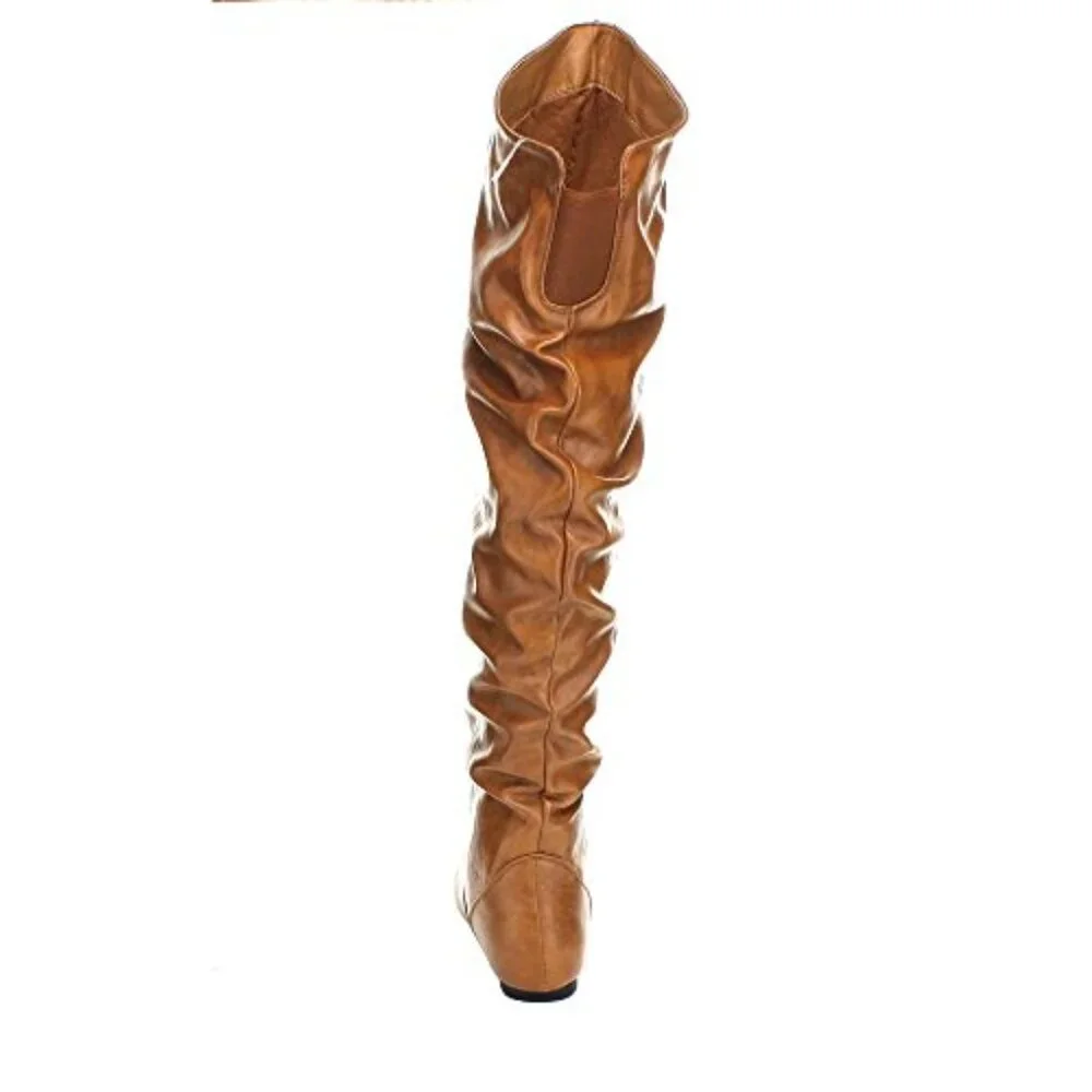 🧡 Over-the-Knee Slouchy Flat Boot – Tan Faux Leather • Pull-On • Elastic Gusset